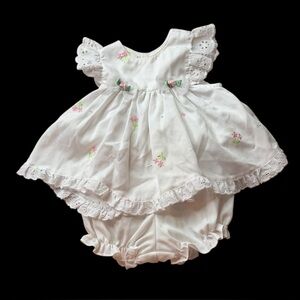 Little Bitty 90s Vintage White Pink Heirloom Two Piece Dress Sz 3-6 Months